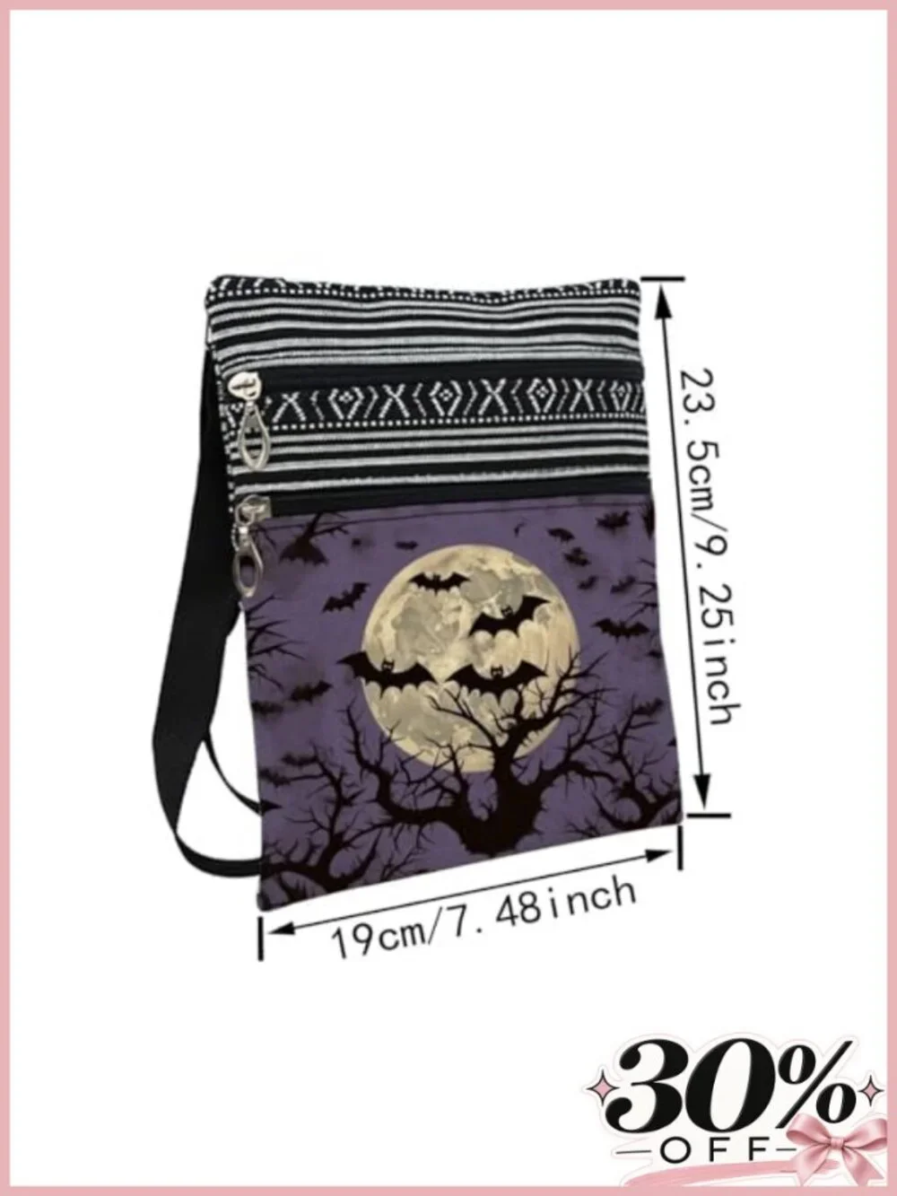 Women's Small Ethnic Crossbody Bag with Bat Print, Adjustable Strap, Zipper